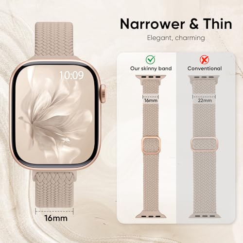 Slim Braided Stretchy Band Compatible with Apple Watch Bands Women | 40mm 41mm 42mm 38mm 44mm 45mm 46mm 49mm Thin Elastic Nylon Solo Loop Strap ,Wristband for iWatch Series 11 10 9 8 7 6 5 4 SE - color: MilkTea, size: 44/45/46/49mm