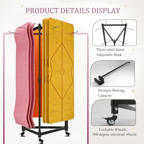 Hanging Yoga Mat Holder, Metal Double Sided Yoga Mats Storage Cart on Wheels, Floor Standing Pilates Mat Rack for Home Gym, Exercise, Yoga Studio, with Punching Tool
