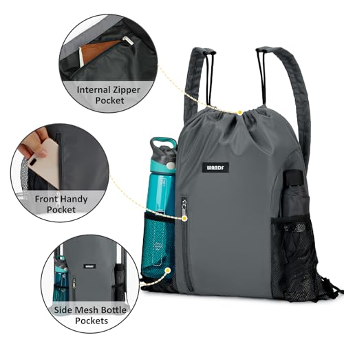 WANDF Drawstring Backpack, Gym String Bag with Shoulder Pad - color: M, Grey, size: Medium