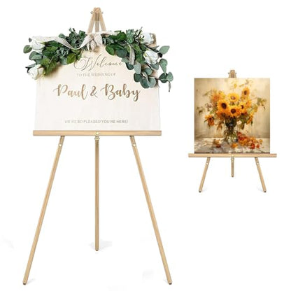 Wooden Easel Stand for Sign,63" Portable Painting Easel, Adjustable Poster Stand with Tripod Easel for Painting, Wedding Sign, Drawing, Canvas, Display Show (Natural) - color: Natural