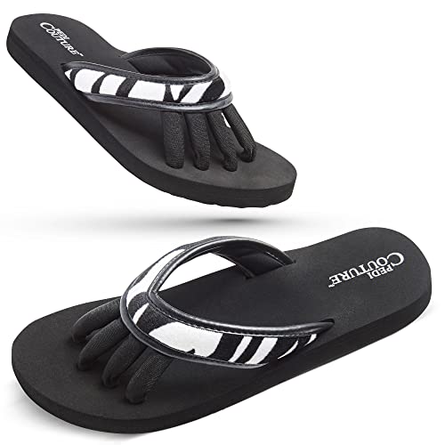 Pedi Couture Pedicure Sandals for Women with Built-In Toe Separators - color: Black/Zebra, size: Large