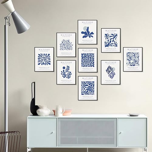 Tmvosn Blue Matisse Posters Wall Art Set of 9, Abstract Henri Matisse Canvas Wall Decor Paintings, Vintage Navy Blue Flower Aesthetic Pictures Prints for Bedroom Bathroom Living Room 8x10In Unframed - color: Blue Matisse, size: 10"L x 8"W