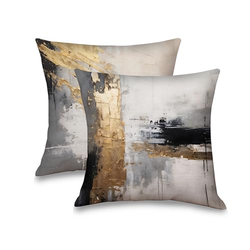 Black and Gold Abstract Pillow Covers 18x18 inches Set of 2, Modern Luxury Oil Painting Decorative Cushion Cases for Couch, Soft Flannel Throw Pillow Shells for Sofa Living Room Bedroom Decor - color: 4-black and Gold-038