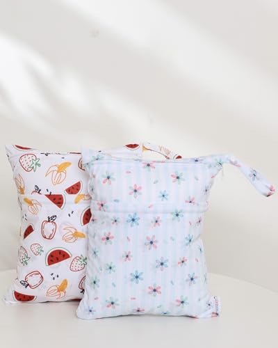 ALVA ALVABABY 2pcs Waterproof Wet Dry Bags,Reusable with Two Zippered Pockets,Baby Cloth Diaper,Travel,Beach,Pool,Daycare,Soiled Baby Items,Yoga Gym Bag,Swimsuits or Wet Clothes 2LW02 - color: Small flowers and fruits