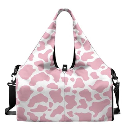Pink Cow Print Gym Bag with Shoe Compartment Durable Gym Tote with Yoga Mat Holder Sports Duffel Bags with Double Zipper, Sports Duffle Bags for High School - color: Pink Cow Print