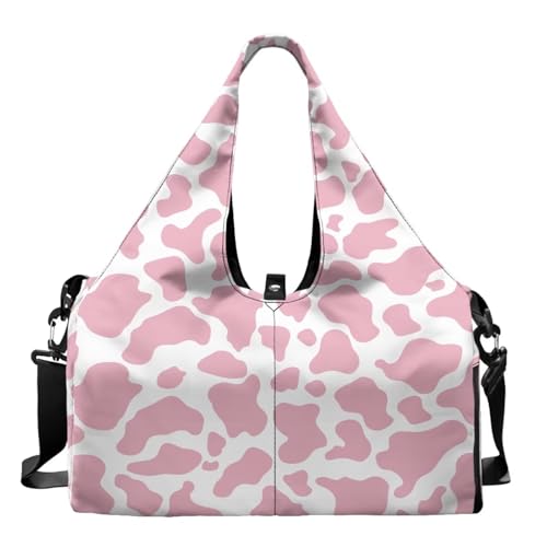 Pink Cow Print Gym Bag with Shoe Compartment Durable Gym Tote with Yoga Mat Holder Sports Duffel Bags with Double Zipper, Sports Duffle Bags for High School - color: Pink Cow Print