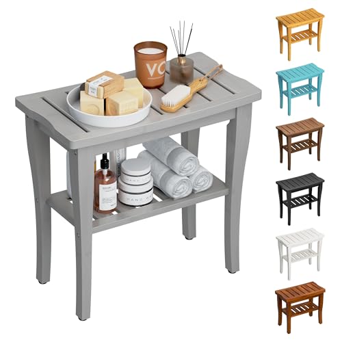 Bamboo Shower Bench Stool with Storage Shelf, Waterproof Shower Chair Spa Bath Seat, Shower Stool for Inside, Bathroom Bench Seat for Adults Elderly Seniors for Indoor or Outdoor Use(Gray) - color: Gray