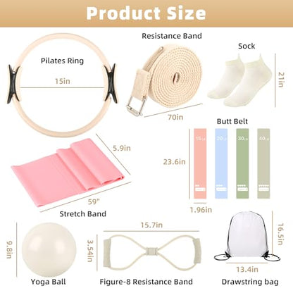 Tuhangcc Pilates Kit Women's Home Pilates Kit Ivory White Series Yoga Ball 15-inch Pilates Ring Instruction Manual Figure-8 Resistance Band and Other Accessories for Beginners for Home Workouts
