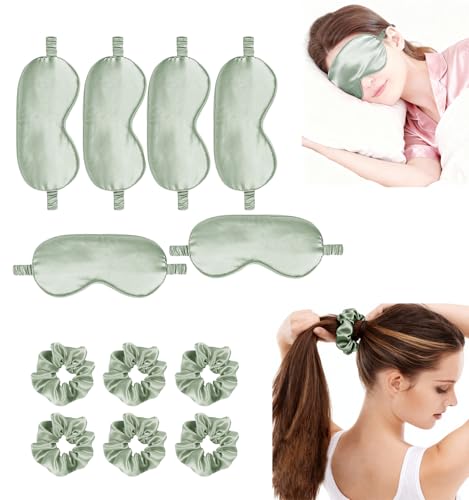 12Pcs Silk Sleep Masks Satin Eye Mask Silky Eyes Cover Blindfold Eyeshade Hair Ties Scrunchy Travel Bridesmaids Gifts - color: Sage
