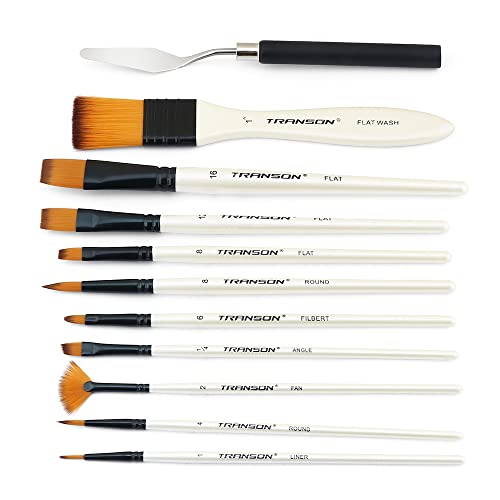 Transon Paint Brush Kit 10pcs Art Brushes and 1 Paint Spatula with Brush Case - color: White