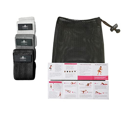 Hatha Yoga Large Resistance Band,14.5" x3.15",Fabric Exercise Loop Bands with Instruction Guide and Carry Bag, Set of 3. - color: Black Ash