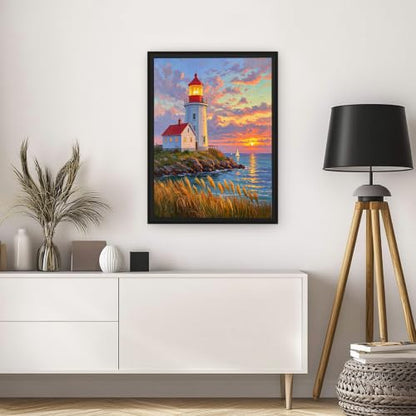 Seaside Lighthouse 5D Diamond Art Kit for Adults Full Drill Canvas | 12x16 inch canvas, complete tool set, DIY wall art, relaxing craft, seaside lighthouse scene - color: QD153
