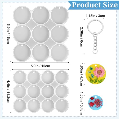 Resin Keychain Molds with Hole, Set of Round Keychain Casting Molds | 21-Cavity 1.87" and 1.37" Circle Keychain Silicone Molds with 21Pcs Key Rings for Epoxy Resin Pendant Christmas Ornaments - color: Round Resin Pandant Molds