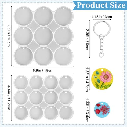 Resin Keychain Molds with Hole, Set of Round Keychain Casting Molds | 21-Cavity 1.87" and 1.37" Circle Keychain Silicone Molds with 21Pcs Key Rings for Epoxy Resin Pendant Christmas Ornaments - color: Round Resin Pandant Molds