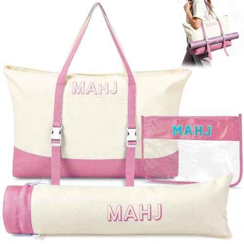 Mahjong Bag Storage Carrying Case for Tiles with Shoulder Strap (Pink) | 3-Bag System, External Mat Strap, Large Capacity, Lightweight Canvas, Reinforced Stitching, Fast Packing. - color: Pink