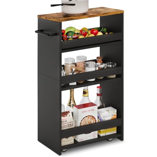 TEAMIX Slim Rolling Storage Cart, Wood 4-Tier Narrow Kitchen/Laundry Cart | 7.9"W Thin Cabinet with Wheels and Handle, Use as Spice Rack Next to Fridge, Laundry Room Organization Between Washer & Dryer - color: Black+brown, size: 7-7/8'' W