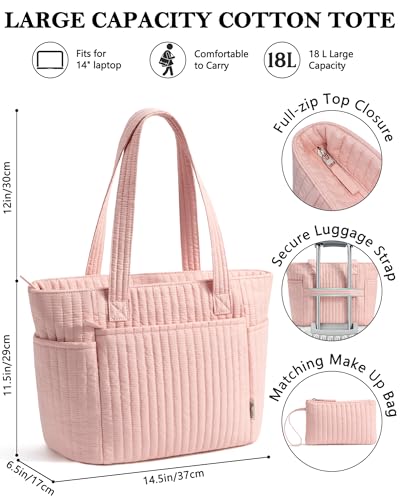 Bagstellar Quilted Tote Bag for Women Teacher Nurse Cotton Laptop Work Tote | Top Zip Closure Puffer Nursing School Travel Tote Bags with 40oz Cup Holder, Lightweight 14” Computer Shoulder Handbag Purses - color: Pink
