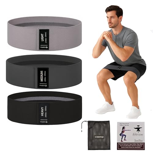 BodyForge Resistance Bands for Working Out, 3 Booty Bands for Women Men Fabric Elastic Bands for Exercise Bands for Legs Bands for Working Out Hip Thigh Glute Bands Set & with Carry Bag & Manual - color: Black-Dark Grey-Light Grey, size: 4 Pack