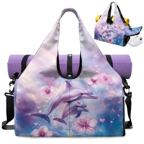 Gym Bag with Yoga Mat Holder Large Tote Bag With Multi Pockets for Women Men Dry Wet Separated Pocket Carryall Yoga Tote Bag for Pilates Travel Workout Office - color: Cherry Blossom