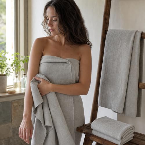 Pure 100% Linen Bath Towel - 30x55-inch Lightweight Travel Towel Flat Weave - color: Light Gray, size: Bath Towel