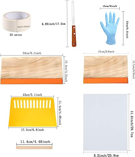 31 Pieces Screen Printing Starter kit Include 4 Different Size | Wood Silk Screen Printing Frame with 110 Mesh, Squeegees, Inkjet Transparency Film, Ink Knife, Gloves and Mask Tape - style: 31pcs