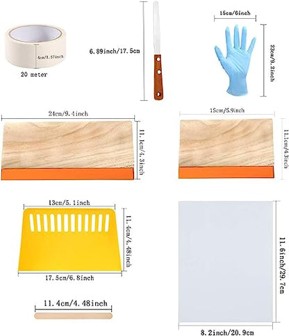 31 Pieces Screen Printing Starter kit Include 4 Different Size | Wood Silk Screen Printing Frame with 110 Mesh, Squeegees, Inkjet Transparency Film, Ink Knife, Gloves and Mask Tape - style: 31pcs