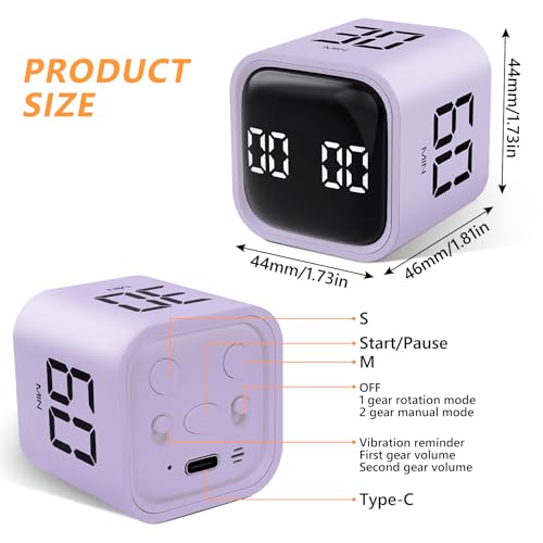 GuDoQi Multi-Function Cube Timer, 5/10/30/60 Min & Custom Count Down, Included Pause & Resume Feature, Silent, Vibrate & Adjustable Sound Alarm for Productivity in Tasks, Study & Kitchen, Purple - color: Purple