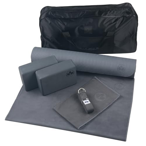 Clever Yoga - 7 Piece Yoga Kit for Women & Men, 6mm Cushioned Mat, 2 Blocks, Strap, Mat and Hand Towels & Carrying Bag - Starter Yoga Set, Accessories & Equipment for Home Workout