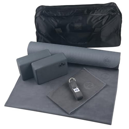 Clever Yoga - 7 Piece Yoga Kit for Women & Men, 6mm Cushioned Mat, 2 Blocks, Strap, Mat and Hand Towels & Carrying Bag - Starter Yoga Set, Accessories & Equipment for Home Workout