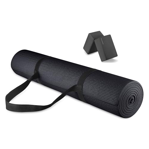 Fitvids All Purpose Thick High Density No Tear Exercise Yoga Mat with Strap & Lightweight Features for Indoor & Outdoor Use - color: Black