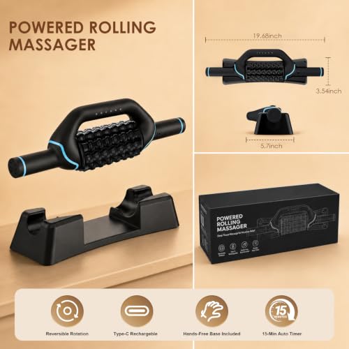 Electric Rolling Percussive Massager, Deep Tissue Muscle Roller & 6 Speeds | Rechargeable Electric Roller with Hands-Free Base for Lymphatic Massage, Back, Legs & Calves, Ideal for Muscle Recovery