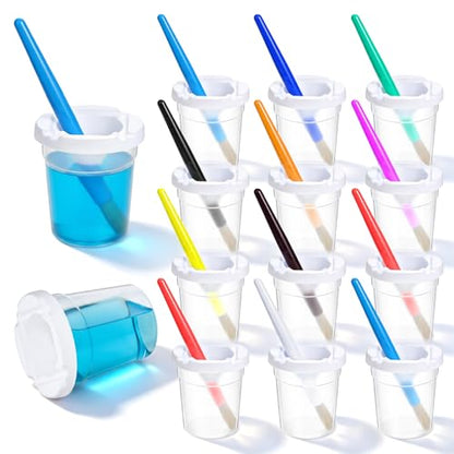 KongTiva 24 Pcs No Spill Paint Cups with Lids, Reusable Spill Proof Paint Water Cup Plastic Paint Containers with 24 Paints Brushes for Painting School Classrooms Arts Crafts Supplies