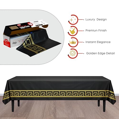 Neatiffy Plastic Tablecloth Roll with Slide Cutter, Disposable Waterproof Table Cover, Cut to Size for Rectangular & Round Tables, Party, Picnic, Wedding, 54 in x 54 ft, Black Gold Design - color: Black With Golden Design