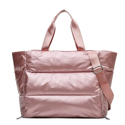Large Puffer Tote Bag for Women, Quilted Gym Bag with Yoga Mat Holder, Travel Duffle, Waterproof Carry on Weekender Bag (pink) - color: pink