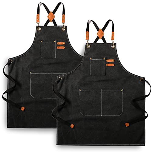 Tosewever 2 Pack Canvas Cross Back Chef Apron for Men Women with Pockets, Cotton Tool Aprons for Cooking Kitchen BBQ Artist - color: Black