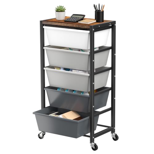 Rolling Cart with 5 Drawers, Plastic Drawer Storage Carts with Wheels & Wooden Tabletop, Metal Utility Cart for Office Bedroom Living Room Classroom, Craft Organization and Storage, Grey - color: Gray