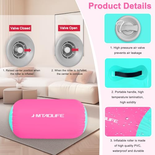 Gymnastics Air Roller Air Barrel, Inflatable Tumble Roller Mat, Air Roller Gymnastics Barrel Kids Back Somersault Backbend Trainer for Yoga Training Cheerleading Home Use - color: Pink/Green, size: 32inch*24inch-have pump