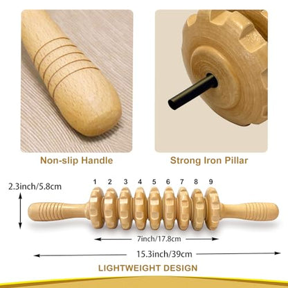 Manual Massager Wooden Handheld Roller Trigger Point Massager Stick for Fascia, Cellulite, Muscle & Abdomen, Body Therapy Massager, Muscle Belly Relief Tool, Natural Wood | Body Sculpting, 9-Wheel Massager for Legs and Thighs, Wooden Massage Tools for Tri