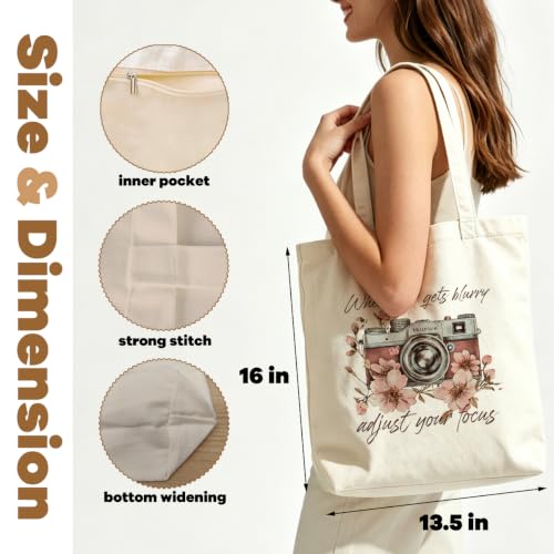 VICBOU Vintage Camera Canvas Tote Bag for Women Birthday,Mental Health Shoulder Bag with Pocket for Grocery Shopping Beach - color: Camera02