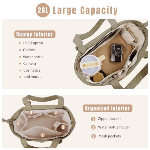 Travel Tote Bag for Women, Large Nylon Bag with Yoga Mat Strap and Luggage Sleeve,Shoulder Bag for Daily Use - color: Khaki