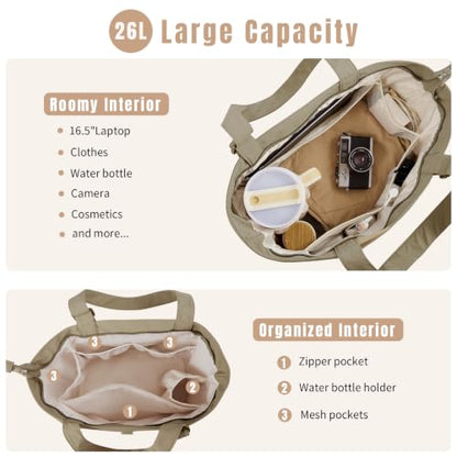 Travel Tote Bag for Women, Large Nylon Bag with Yoga Mat Strap and Luggage Sleeve,Shoulder Bag for Daily Use - color: Khaki