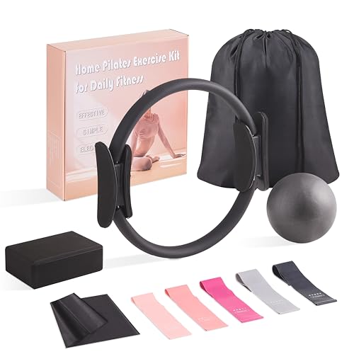 Pilates Kit, Home Workout Equipment for Women | Pilates Ring and Ball, Resistance Bands, Yoga Block, Elastic Band, Fitness Bag for Home Workouts - color: Black