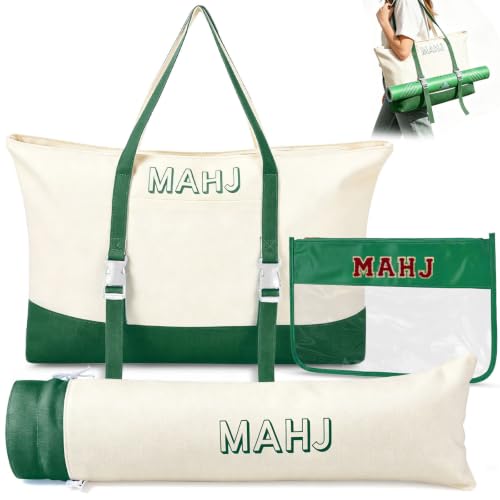 Mahjong Bag Storage Carrying Case for Tiles with Shoulder Strap (Green) | 3-Bag System, External Mat Strap, Large Capacity, Lightweight Canvas, Reinforced Stitching, Fast Packing. - color: Green