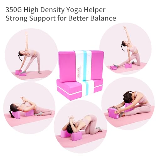 Yoga Blocks 2 Pack with Elastic Stretch Band & Bag – High Density Foam Yoga Blocks for Stability, Deep Stretching & Balance, 12-Loop Resistance Strap for Yoga, Pilates, Dance & Flexibility Training - color: Pink+Pink