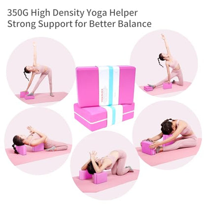 Yoga Blocks 2 Pack with Elastic Stretch Band & Bag – High Density Foam Yoga Blocks for Stability, Deep Stretching & Balance, 12-Loop Resistance Strap for Yoga, Pilates, Dance & Flexibility Training - color: Pink+Pink