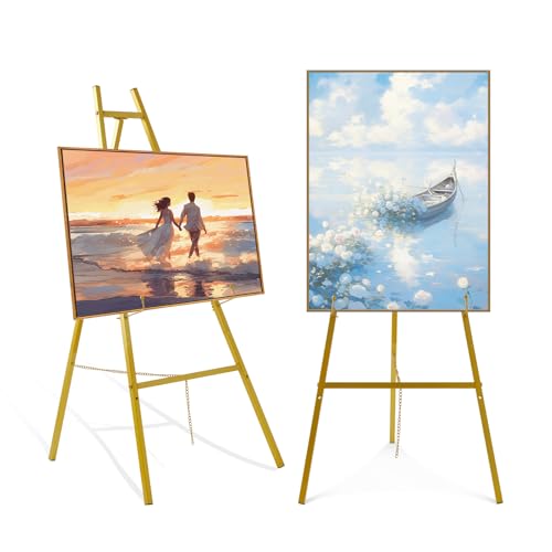 57" Gold Easel Stand for Sign, Heavy Duty Metal Floor Display Easel | 4-Tier Adjustable Floor Display Easel for Wedding Signs, Welcome Signs, Posters, Mirrors, Pictures, Art, Parties & Paintings - size: 57