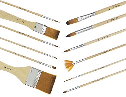 24 Pcs Artist Paint Brush Set with Free Carry Pouch for Watercolor, Acrylic, Oil and All Media, Suitable for Canvas, Paper, Ceramic, Golden Nylon Hair, Wood Handles JQ-B24