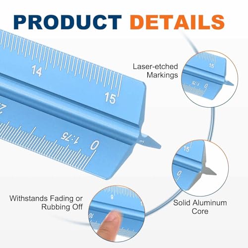 HARFINGTON 2 Pcs Architectural Scale Ruler, 12 Inch Metric Aluminum Alloy Architect Triangular Small Scale Laser-Etched Blueprint Drafting Ruler for Architects Engineers, Blue - color: Blue, size: 12 Inch