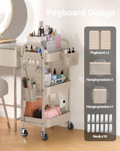 ALVOROG 3 Tier Metal Rolling Utility Cart with Pegboards,Baskets,Hook,Khaki | More Storage Craft Cart with Pegboards,Lockable Wheels,Hooks & Baskets to Organize Kitchen,Office,Bedroom and DIY Supplies - color: Khaki