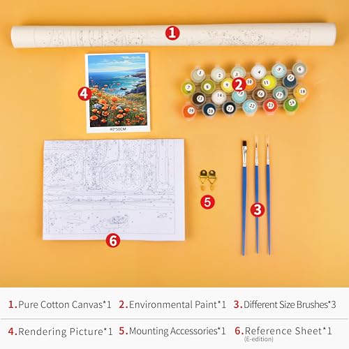 TUMOVO Sea Landscape Paint by Numbers Adult Canvas Kit Poppies Ocean | flowers sea view art on 16x20 inch unframed canvas with paints and brushes, proudly display your creation as wall decor. - color: Landscape